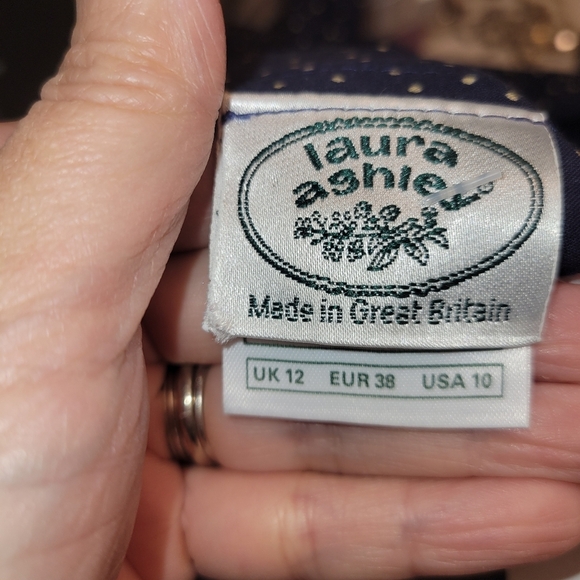 Laura Ashley vintage 3/4 sleeve polka dot midi dress blue yellow size 10 - Picture 11 of 12